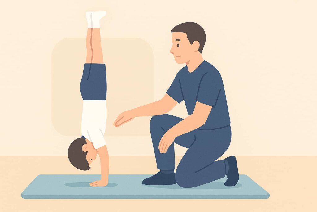 倒立（逆立ち）の練習をする日本人を、大人の指導者が安全に補助（サポート）している様子。