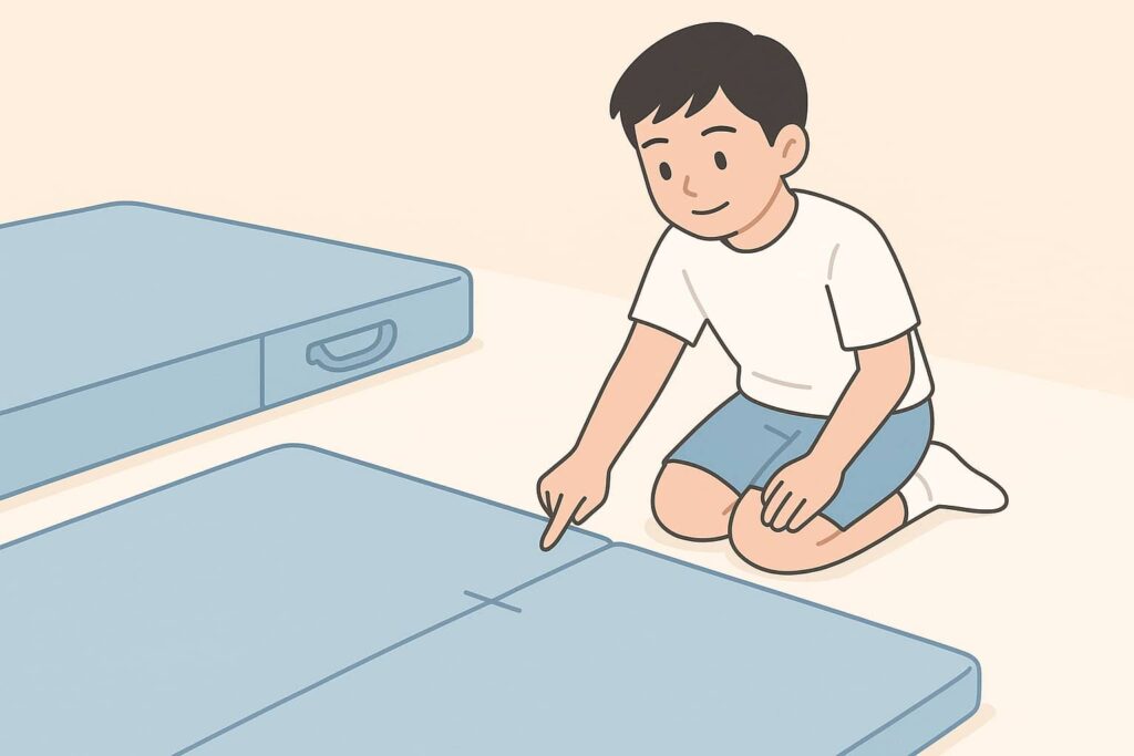 - 体育館でマットの隙間を指差しながら安全確認を行う日本人の子どものイラスト。マット運動前の準備と安全意識を表す。