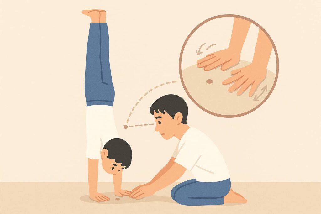 指先で床を押しつつ視線を手元へ固定して倒立する日本人の大人と指の圧を示すインセット。