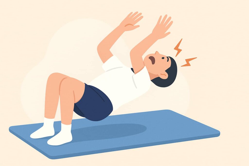 後転を怖がり、あごが上がって背中が伸びてしまっている危険なフォームの人物。首に負担がかかっている様子を示すイラスト。