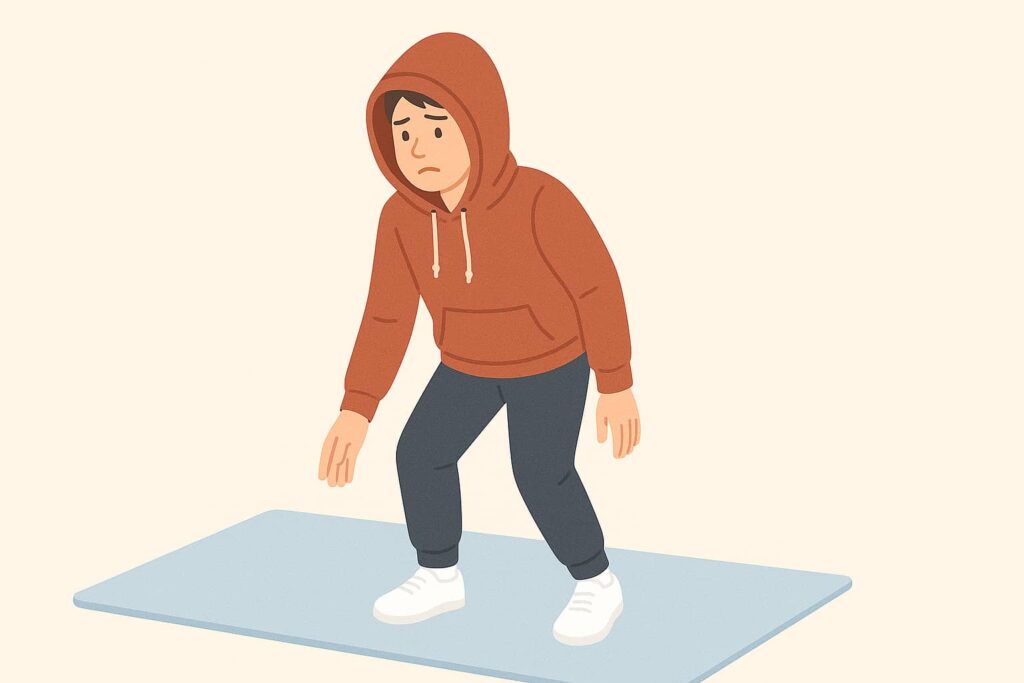 マット運動には不適切な、フード付きパーカーという危険な服装で運動しようとしている人物のイラスト。