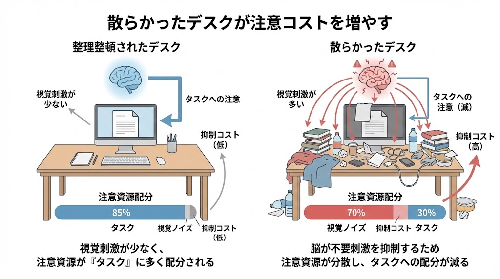 散らかったデスクが注意コストを増やす