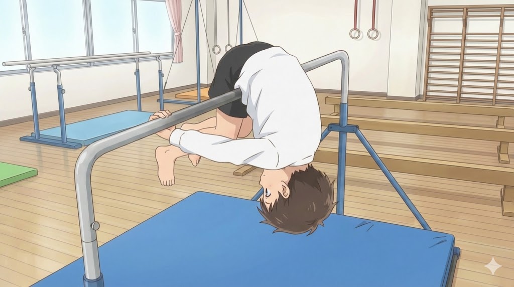 鉄棒の前回りで股間が痛くならないコツ。体を二つ折りにして太ももの付け根を鉄棒に密着させているフォームの拡大イラスト。