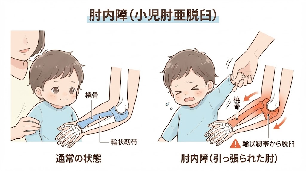 子供の肘の関節のイラスト。強い力で引っ張られることで、橈骨頭が輪状靭帯から外れそうになっている亜脱臼の様子。