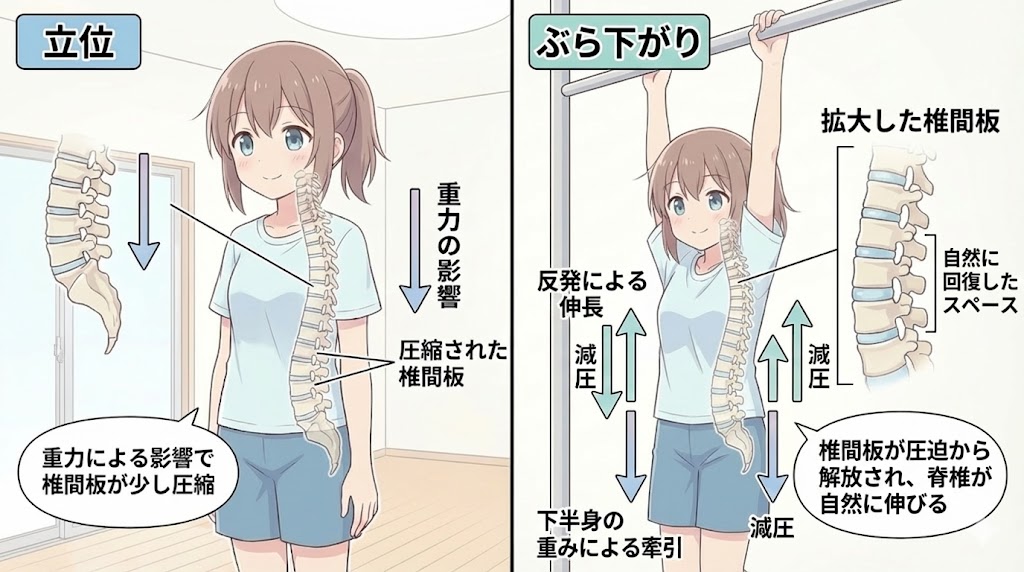 立っている時は重力で椎間板が圧迫されているが、鉄棒にぶら下がることで圧迫が解放され背骨が伸びている比較イラスト