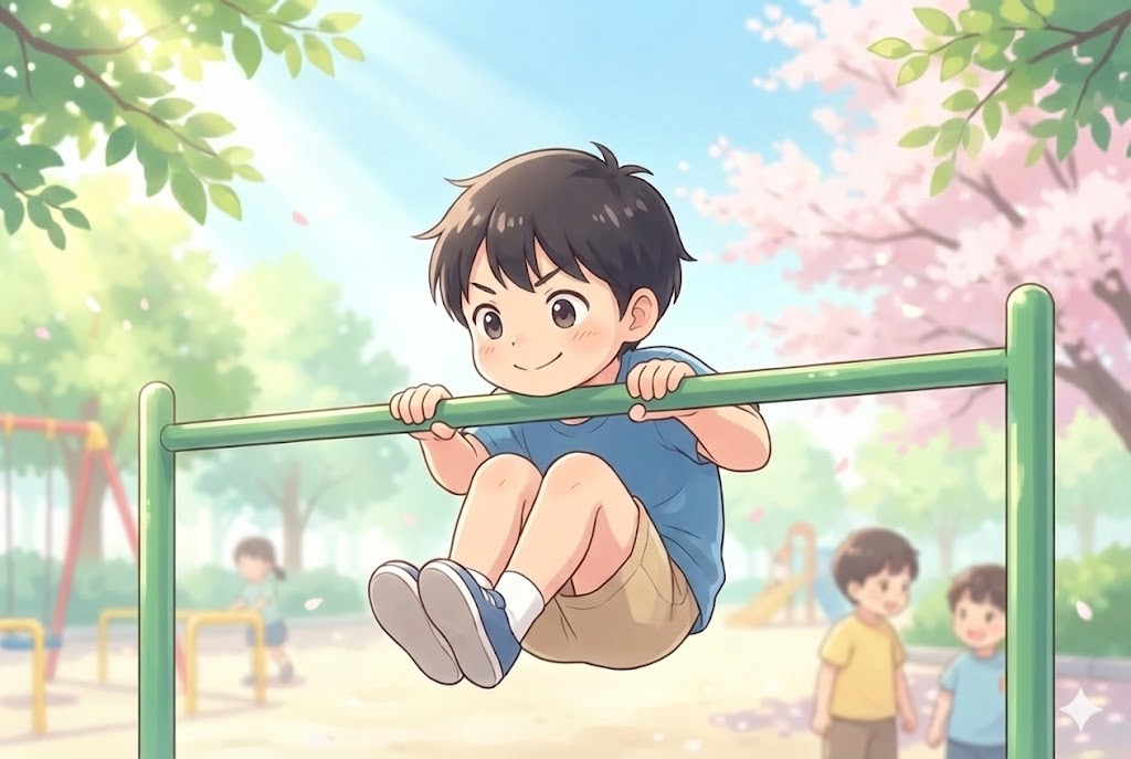 男の子が鉄棒で順手で体を持ち上げ、ダンゴムシのように体を丸めて顎をバーの上に出して静止しているイラスト。