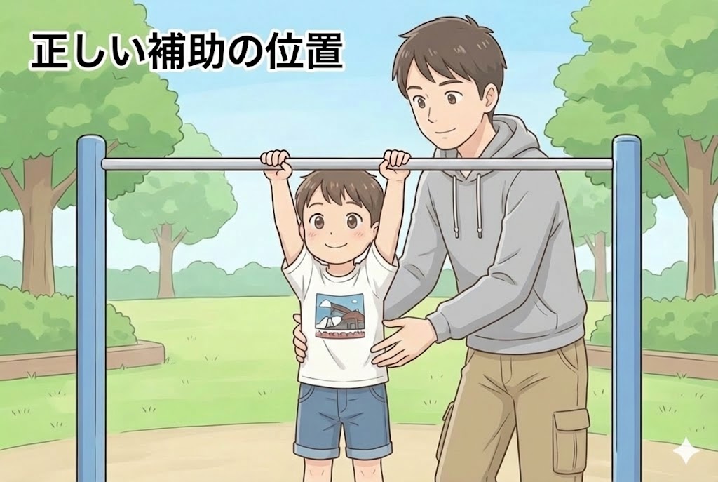 鉄棒をする子供と、その斜め後ろに立っていつでも支えられるように構えている親の配置図。