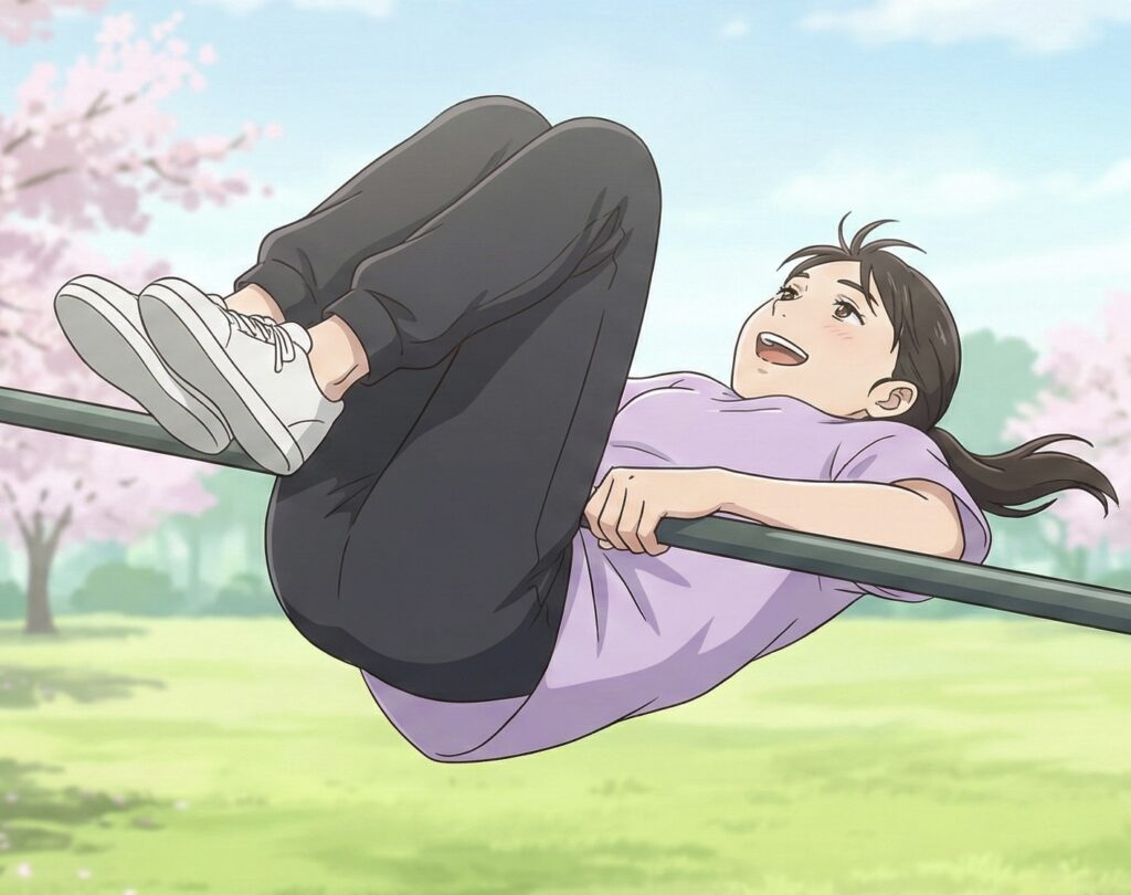 鉄棒の回転中、膝を胸にしっかり抱え込み、体を小さく丸めて回転スピードを上げている女の子のイラスト。