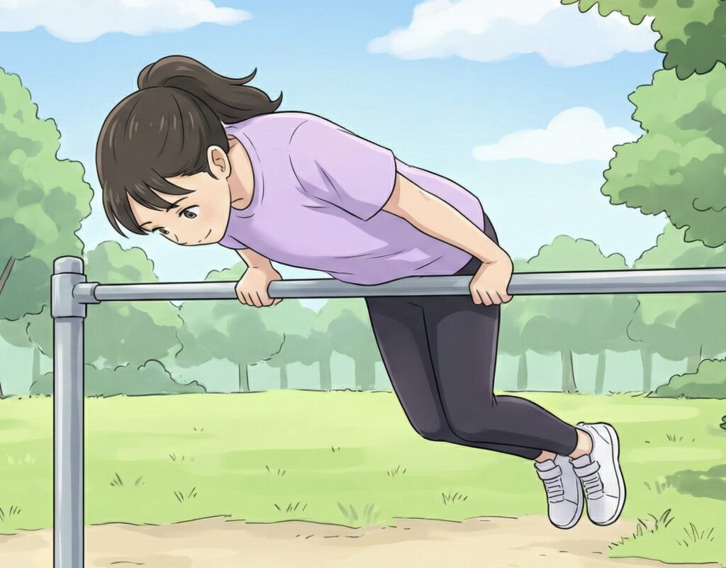 鉄棒で空中前回りの始動。肘をピンと伸ばして体を一直線に保ったまま、大きく前方へ倒れ込んでいる女の子のイラスト。