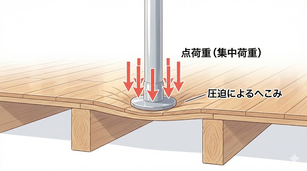 鉄棒の脚が床に接している断面図。点荷重によって圧力が一点に集中し、フローリングが凹んでいる様子。