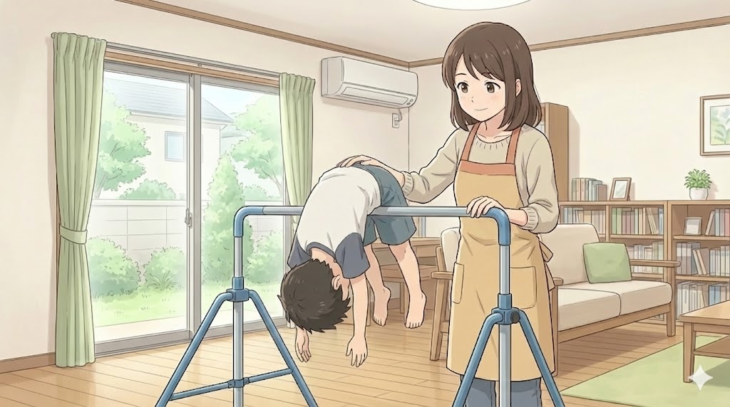 鉄棒で布団干しの技を練習する