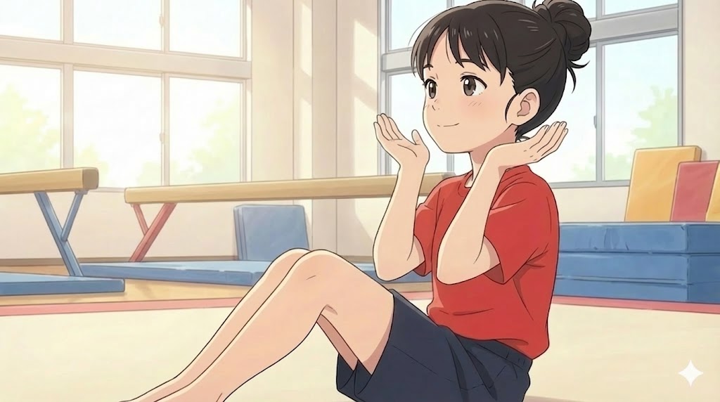 後転の手のつき方。耳の横で手のひらを天井に向け、肘が開かないように脇を締めている正しいフォームのイラスト。