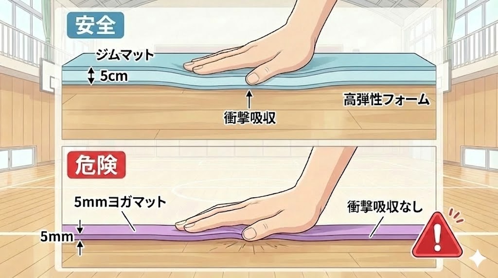 厚さ5cmの体操用マットと薄いヨガマットの断面図比較。薄いマットは衝撃が床に直撃する様子を描写。