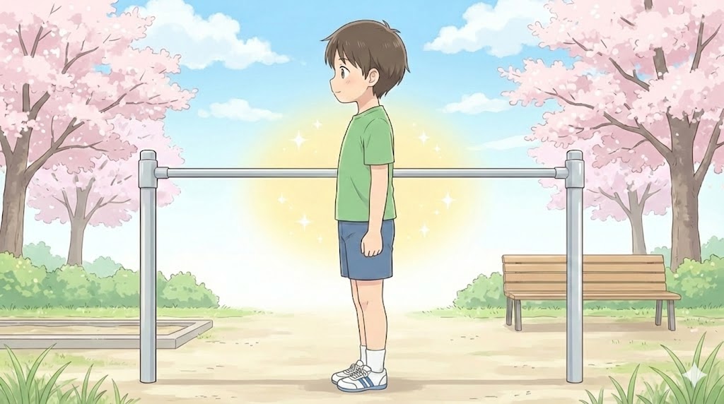 子供が鉄棒の横に立っているイラスト。鉄棒の高さが胸からおへその間(みぞおち)にあるのが適切な高さであることを示している。