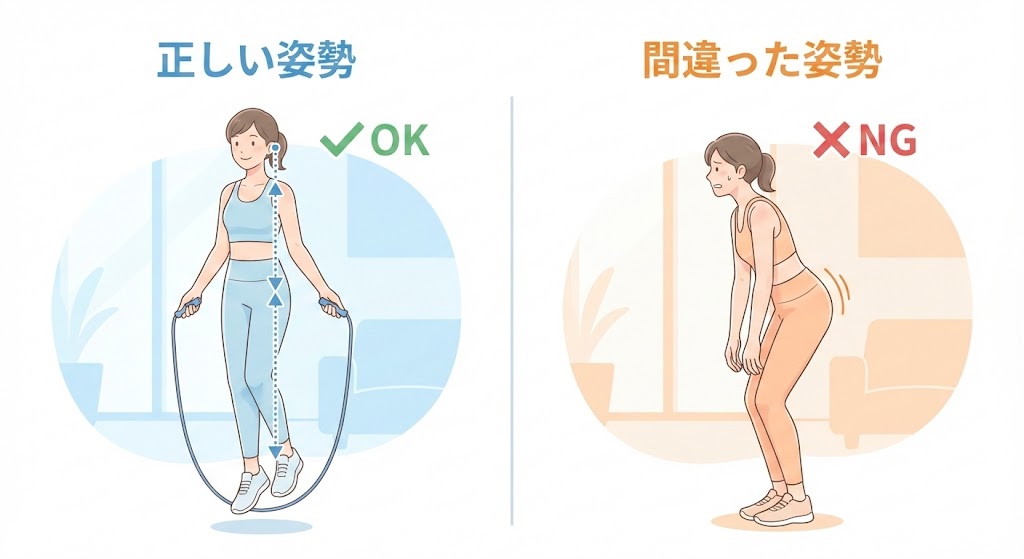 縄跳びの正しい姿勢の図解。左側に正しい垂直姿勢（耳、肩、腰、くるぶしが一直線）、右側に間違った「くの字」姿勢（腰が引けている）を比較したもの。