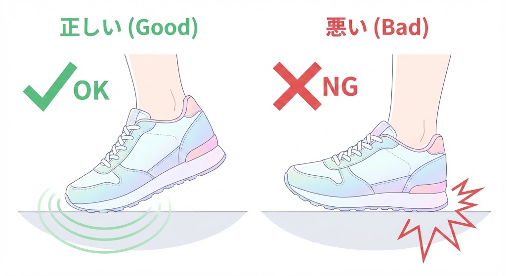 縄跳びの着地方法の比較イラスト。左はスニーカーの前半分で着地し踵が浮いている良い例、右は踵からドスンと着地している悪い例。