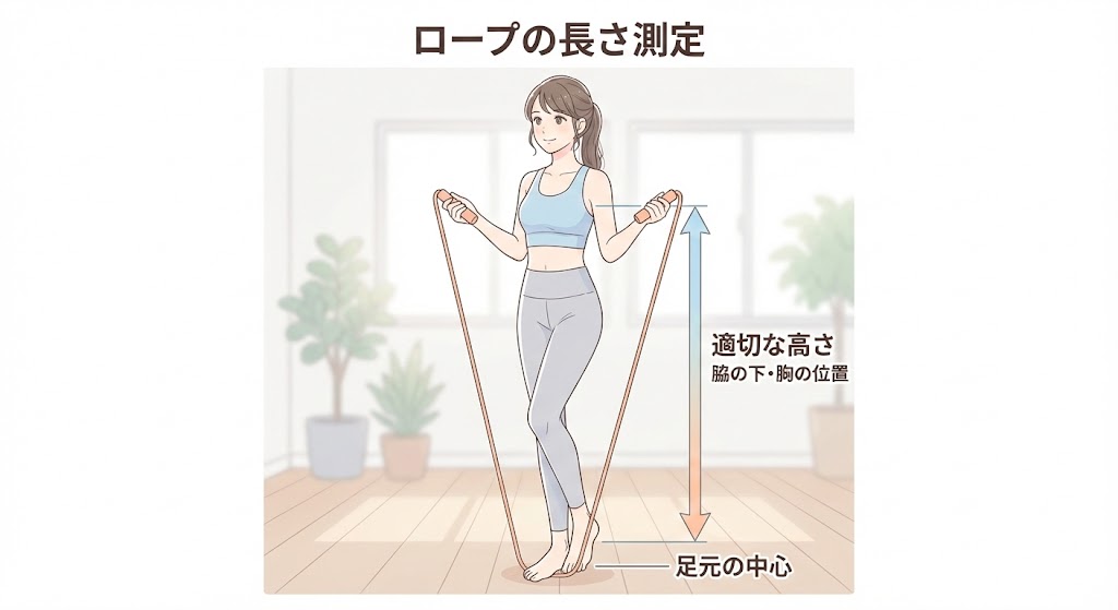 縄跳びの長さ調整の方法を示すイラスト。片足でロープの真ん中を踏み、両手のハンドルを体に沿って引き上げ、脇の下の高さに合わせている様子。