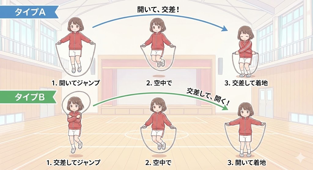 はやぶさ（あや二重跳び）の2種類の跳び方。OC型（オープンからクロス）とCO型（クロスからオープン）の動作手順を示した図解。