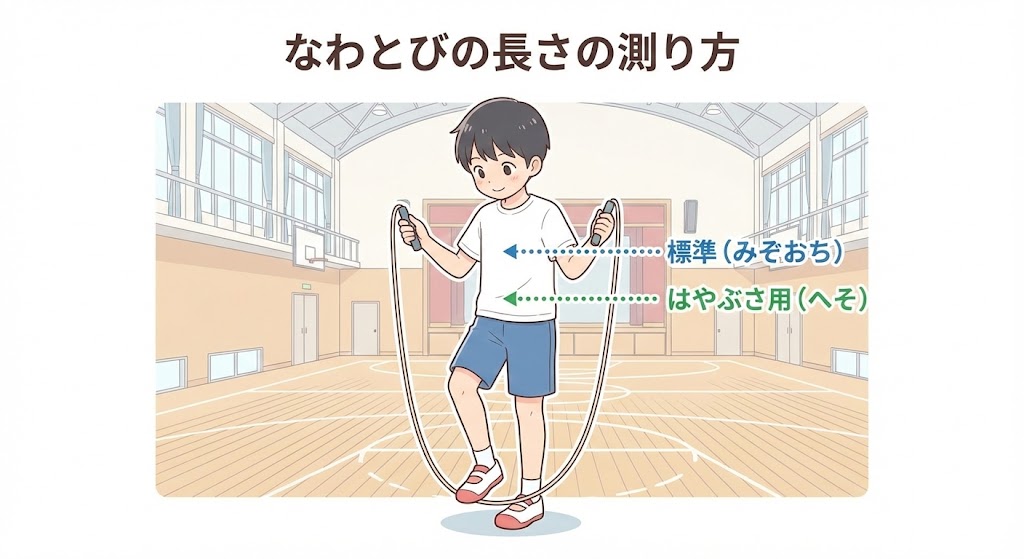 縄跳びの適切な長さの調整方法。二重跳び用のみぞおちの高さと、はやぶさ（スピード用）のおへその高さの比較図。