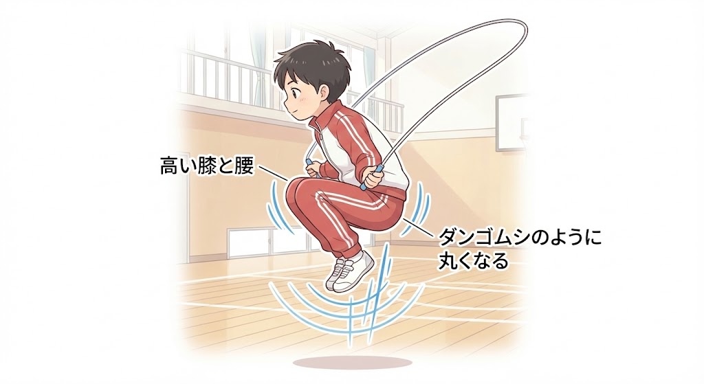 縄跳びで引っかからないための空中姿勢。膝を高く抱え込み、体を小さく丸めるタックジャンプのイラスト。