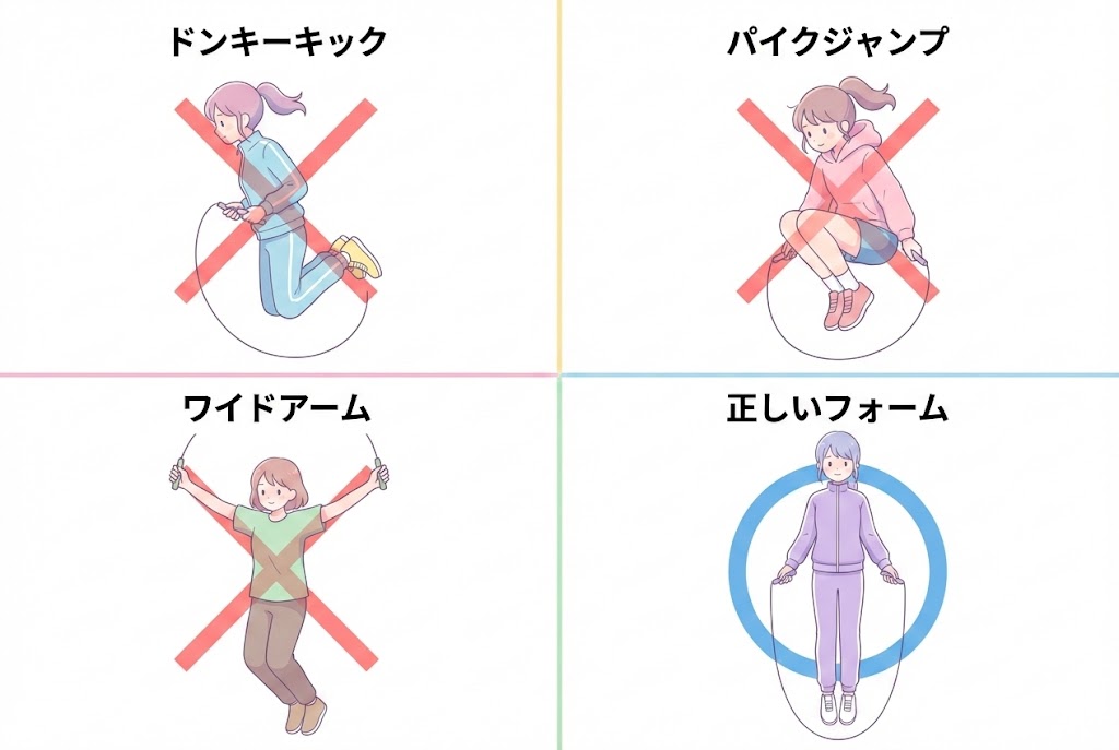 重跳びの失敗例（足を後ろに蹴り上げるドンキーキック、足を前に上げるくの字ジャンプ、腕が広がるバンザイ飛び）と、成功例（体が一直線になる鉛直姿勢）の比較イラスト。