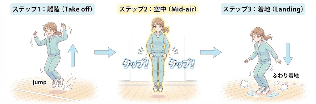 二重跳びのリズム練習「ペンギンジャンプ」の手順図。ジャンプして、最高到達点にいる間に太ももを2回叩き、着地するという一連の流れ。