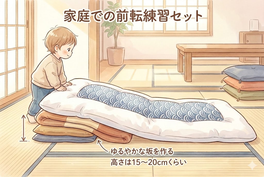 家庭で行う前転練習用の坂道セット。敷布団の下にクッションを入れてなだらかな傾斜を作っているイラスト。