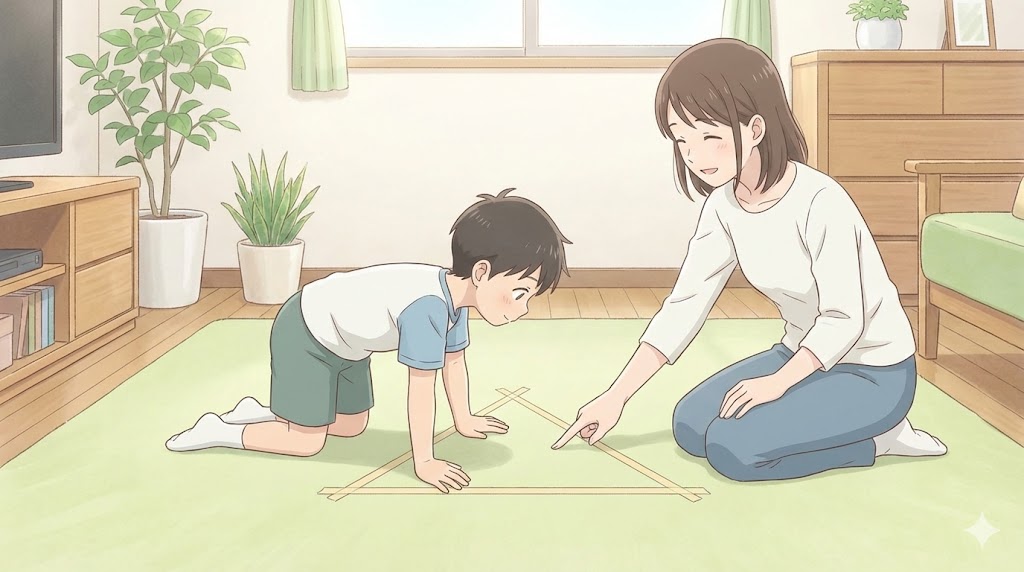 正三角形を作る正しい頭の位置と手