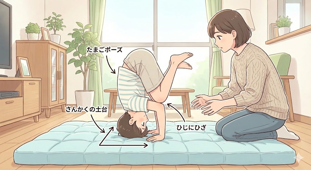 膝を肘に乗せてバランスをとる三点倒立の卵のポーズ