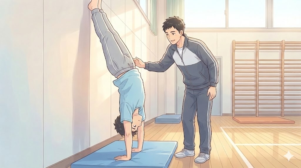 壁を使った倒立歩行の安全な練習法