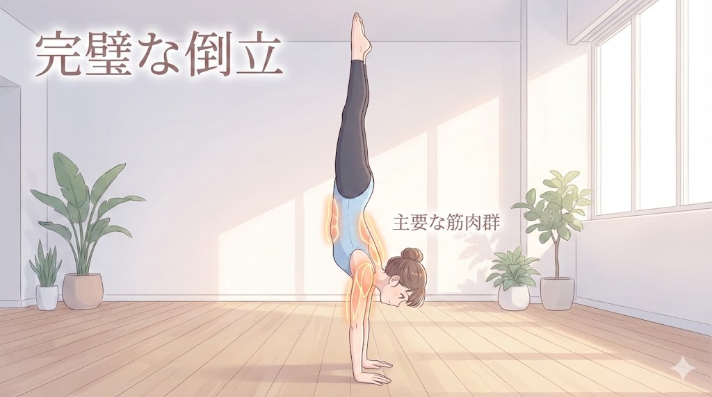 倒立姿勢のイラスト。三角筋、上腕三頭筋、僧帽筋、腹直筋などの倒立に必要な筋肉群がハイライトされている図解。