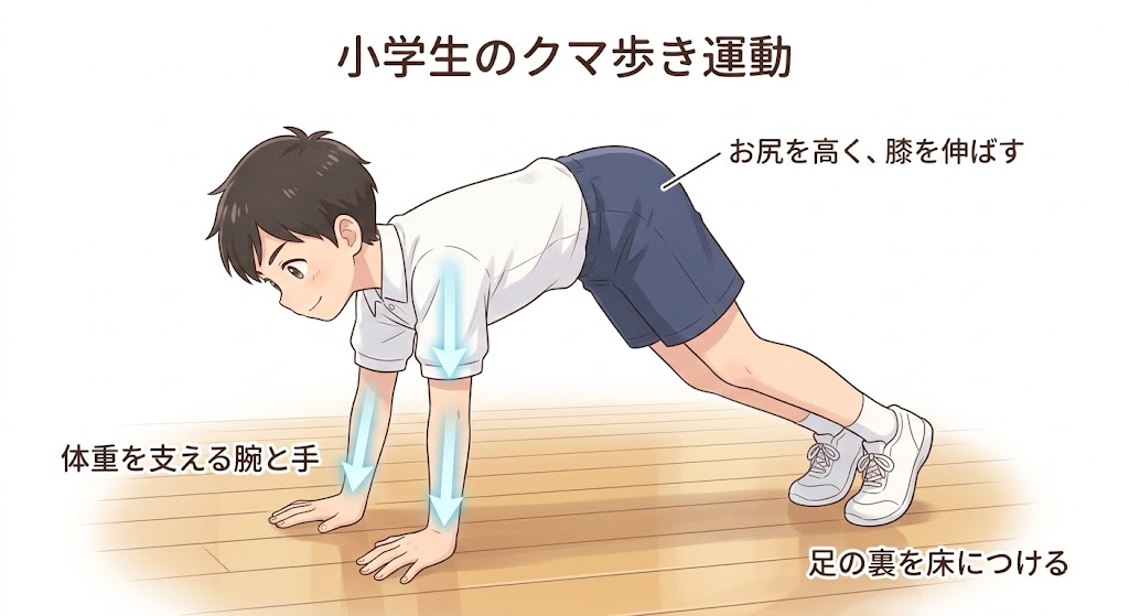 跳び箱の練習になるクマ歩きの正しいやり方。膝を浮かせて腕で体重を支える子どものイラスト。