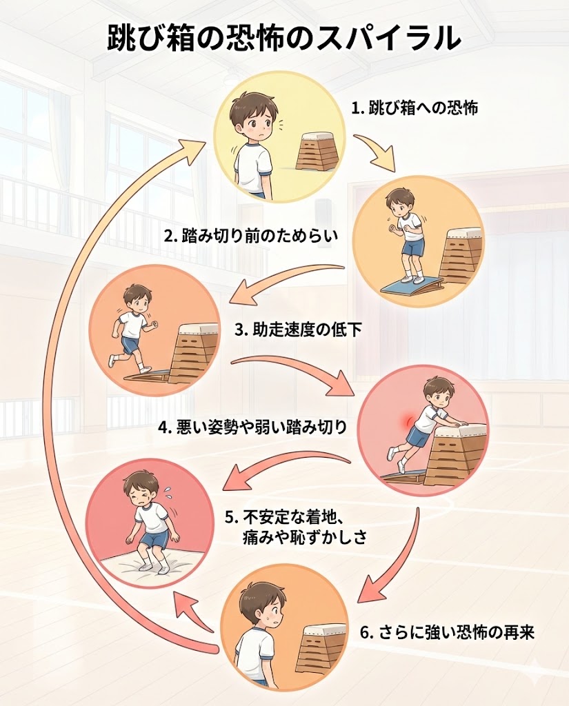 跳び箱への恐怖心が減速や姿勢の崩れを生み、失敗や痛みを通じてさらに恐怖心が強まる流れを示した循環図。