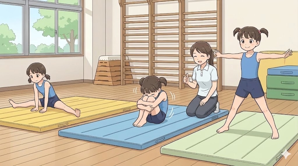 段階的にステップアップする開脚後転の練習法