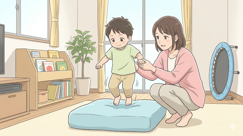 2歳は市販トランポリンの対象年齢外|弾まないクッションでの「跳ぶ準備」を